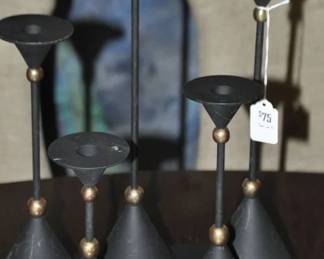 Great Set of 5 Post-Modern Black Metal with Brass Detail Candlesticks, 7”-13”H ($75) 