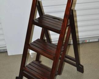 Wonderful Frontgate Solid Mahogany Wooden Three-step Foldaway Ladder, 225lb Capacity, 19"W x 27"D x 49"H, 14 lbs. 48"H x 19-3/4"W x 2-3/4"D when folded. 28"-high top platform. $75 