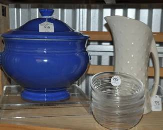 Fantastic Large 2 Piece Emile Henry Cobalt Blue Ceramic Soup Tureen, $75 Shown with a 10" McCoy Hobnail Ivory Pitcher, $75 and a set of 4 Signed Rosenthal 4" Ribbed Glass Bowls, $25 