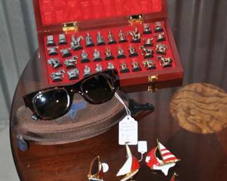 Medieval Themed Miniature Chess Set in Beautiful Lacquer Box, Pieces Measure Approximately 1.5" each $45 (SOLD), shown with Vintage Trifari Sailboat Broaches ($20-$30), Napier ($20) and More. 