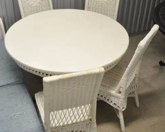 Antique White Wicker 42” Round Pedestal Dining Table with 4 Matching Chairs, $450 