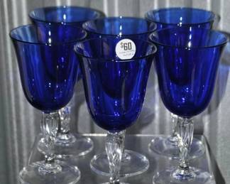 Set of 6 Luminarc Crystal Goblets, Cobalt with Clear Twisted Stems, $60 