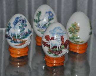 This Charming Collection of Vintage Hand Painted Japanese Eggs by The Princeton Gallery Sit Atop Carved Wooden Bases and Feature Whimsical Unicorn Images, 3.5"H. ($10ea) 