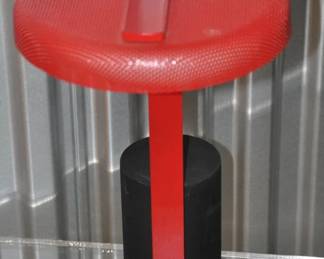 Rare Ron Rezek Post-Modern Red 110 Desk Lamp with a Perforated Metal Shade, c.1980 Featuring Counterbalance design with round Red Perforated Enameled (9D) Metal Shade, Matte Red Column and Black Cylindrical Base. Utilizes 6" circular fluorescent Bulb ($695) 