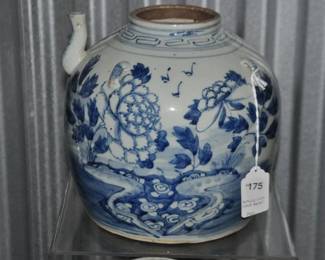 We Adore This Antique Chinese Oversized Blue And White Cooking Oil Pot! The Soft and Elegant Color Palette Combined with The Classic Asian Design Brings Serenity to Any Space, 9.5" Tall ($175) 