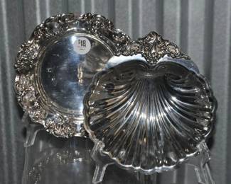 Vintage Towle Ornate Rim 7" Silver Plate Dish ($18) is Shown Beside A Wallace Lovely Silver Plate Scalloped Footed Dish with Ornate Handle, 7"D. ($20). 