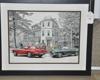 "First Love" is a Limited Edition Hand Signed Pen & Ink Drawing Created by Western New York Artist Michael S. Smith. The Corvette on the Left is a 1963 Sting Ray Z06 and to the Right is a 1962 Convertible, The Scene is in Chautauqua, Southwest NY State. Each Pen & Ink Drawing Averages 30-60 Hours to Complete! ($125). 