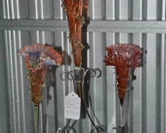 Pure Elegance! This Rare Trumpet Epergne Features 3 Fluted Vases in Vibrant Pink Set in a Delicate Silver-Tone Base, 22" H x 15.5" D, ($595). 