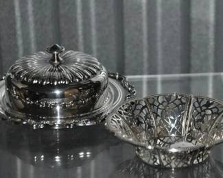 Admire the Intricate Design of this Three-Piece Silver Plate Butter Dish, it is Sure to Add A Touch of Class to Any Tabletop. ($30) And To the Right is a Silver Plate Lace Cut Trinket Dish, ($15). 