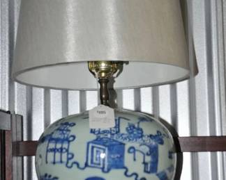 Blue & White Antique Hand-Painted Asian Lamp on Wood Base with Lamp Shade ($195) 