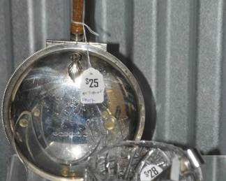 This Petite Vintage 3-Footed Cut Crystal Bowl (4"w, $28) is Shown with a Really Neat Vintage Sheffield Silver Co. Silent Butler Crumb Catcher Dust Pan With Lid, EPC 300 ($25). 