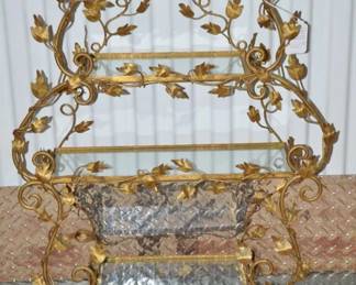 So Pretty & Elegant! Vintage Gilt Bronze 3-Tier Display Wall Shelf with Stunning Leaf Embellishments and Glass Shelves 25"W x 39.5"H x 8"D, ($260).