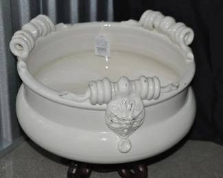 Fabulous Vintage Lavorato Cream Crackled Glaze Centerpiece Bowl with Ornate Spiral Handles and Lions Head! $220 