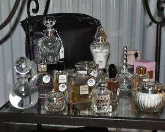Wonderful Collection of Antique, Vintage and Contemporary Collectible Perfume Bottles, Vintage Glass/Cut Crystal and Sterling Vanity Jars (All Sold), as well as a Great Perfume Selection Including Jo Malone Rose Blush, Chanel (sold) and Si by Giorgio Armani (sold).