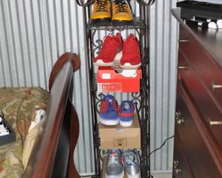 Great 4 Tier Bronze Display Unit, 64"H x 14"w, ($115). Top Shelf Displays the Pair of Rare Kobe Bryant Yellow (SOLD) and Black Bruce Lee Athletic Shoes Available, Size 8.5 (SOLD)