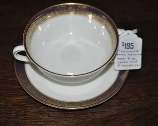 Close-up of the Vintage Royal Doulton “Rochelle” Pattern. Cream Soup with Saucer, Service for 8 ($195) 