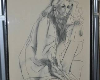 Elegant and Lovely! Artist Signed Charcoal Sketch (1883) Titled, "Pensive Thought" is Framed in a Solid Black Frame with Glass Cover Done by Turner Wall Art 25" W x 36.5"H, ($250). 