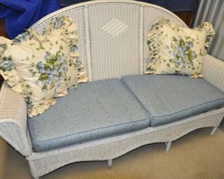 Terrific Vintage White Wicker Sofa with 2 Seat Cushions and 2 Decorative Pillows, 72”w x 39”h x 30”d, $295 