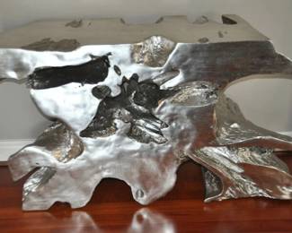 View of the Amazing Philips Collection Venice Free Form Console Table, Cast from a Single Wooden Tree Trunk with Silver Leafed. W48” x H30” x D13” List Price $2999 (Our Price $895)