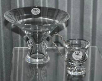 Love Steuben? If So Please Be Sure to Look at These Steuben Pieces! In the Back we Feature a Vintage Georg Thompson For Steuben Signed Vase or Compote Dish (5.25" H, c. 1959) and In Front The Precious Steuben Toothpick Holder or Cigarette Urn by Don Pollard at a Petite 3.25"h With Silver Plate Tongs. Vase is $90 & Toothpick Holder is $40. 