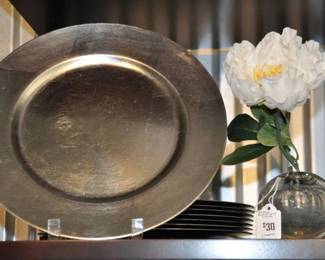 Set of 8 Charger Plates with Hand-Applied Silver Leaf Finish Lacquer. ($40) Shown with a Vintage Dirk Andries Bosch Vase ($30) 