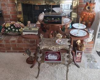 Brass table, 3 tiered wood table, Capodimonte flower basket