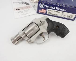 Make: Smith & Wesson
Model: 642-2
Caliber: .38 S&W SPL + P
Action: DA
Barrel: 2
Bore: Shiny
Serial # DDM7675
Condition: Excellent
This small Smith & Wesson Model 642 .38 Special +P Revolver with a Centennial-style frame features an enclosed hammer and is made of alloy/stainless steel. The revolver has a 5-round capacity, an integral front sight and a fixed rear sight. Rubber grips. Made in the USA. This revolver is in excellent condition and comes with the factory case. 
