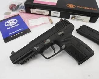 Make: FN
Model: FiveSeven
Caliber: 5.7X28
Action: Semi
Bore: Shiny
Serial # 386139563
Condition: Excellent
The original FN Five-seveN, often imitated but hardly duplicated, has two decades of trusted service with allied armies, global law enforcement and civilians. Extending its groundbreaking design is a new, all flat dark earth frame and slide. With improved range and accuracy over common pistol cartridges, the NATO standardized 5.7x28mm developed by FN Herstal is fired from the chrome-lined cold hammer-forged barrel. Pinpoint accuracy and minimal felt recoil is standard issue. Equipped with an internal hammer, the smooth trigger with a predictable break further enhances accuracy. The pistol comes with the factory case and two magazines. The pistol is in excellent condition, showing minimal signs of use and wear. 