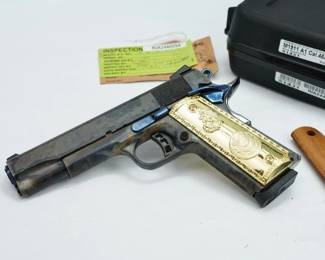 Make: Rock Island
Model: 1911 A1
Caliber: .45 ACP
Action: Semi
Barrel: 5
Bore: Shiny
Serial # RIA2440054
Condition: Excellent
The Rock Standard full-size is built in traditional classic 70 series design and delivered with our top quality production and engineering standards. It's chambered in .45ACP with a 5” button rifled barrel supported by a full length guide rod. Smooth, angled, snag-free style allows for quick draw in fast need situations. Includes a low profile angled rear sight along with skeletonized hammer and trigger with adjustable over travel stop and ambidextrous safety standard in the Rock series. The pistol is new in the box and comes with one magazine and the factory hard case. 