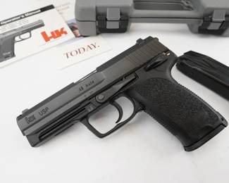 Make: HK
Model: USP
Caliber: 45 Auto
Action: semi
Bore: Shiny
Serial # 25-008428
Condition: Excellent
The HK USP Compact is a small frame pistol capable of firing the most powerful cartridges in 9 mm, .40 S&W, .45 ACP. Based on the full-size USP models, these handy pistols combine compact size with optimum effective shooting performance. USP Compacts are smaller and lighter than large frame USPs. The reduction in trigger reach and grip circumference increases concealability and enhances shooting ergonomics. Unlike some subcompact semi automatic pistols that use a difficult to shoot “two-finger grip” frame, the USP Compact uses a narrow, full-hand grip frame with a choice of interchangeable extended or flush-fitting magazine floorplates. This makes the pistol easy to shoot without sacrificing concealability. This model is chambered in 45 Auto and comes with the factory case and two mags. The pistol is in excellent condition showing minimal signs of use and wear.