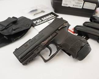 Make: HK
Model: P30 SK
Caliber: 9mmx19
Action: Semi
Barrel: 4
Bore: Shiny
Serial # 214-051597
Condition: Excellent
The subcompact model of the renowned P30 handgun, P30SK (SubCompact) series has all of the sought-after characteristics of the larger frame P30 and P30L pistols but in a more concealable design. The completely adjustable P30 grip feature — consisting of interchangeable backstraps and lateral grip panels — is replicated in the ultra-compact grip frame of the P30SK. This allows the pistol to be easily modified to fit any individual user. This pistol is chambered in 9x19 and comes with 2 magazines and a case. The pistol is in excellent condition, showing minimal signs of use and wear. 