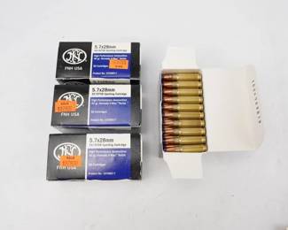 Make: FN
Model: 5.7x28 40 grain
Caliber: 5.7x28mm
200 rounds, 4 boxes of 50 Hornady V-max.