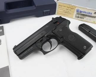 Make: Beretta
Model: 8040 Cougar F
Caliber: 40 S&W
Action: Semi
Barrel: 4
Bore: Shiny
Serial # 032702MC
Condition: Excellent
The Beretta 8040 Cougar series is a thoughtful and well-engineered design which features some innovative design elements and was introduced in 1994. This pistol uses a rotating barrel locking system, which gives a tight lock up and which may help reduce recoil. The controls duplicate the popular and ubiquitous Beretta 92 F, yet carry 10 +1 rounds of .40 S&W punch and conceals slightly easier with a barrel 1.3? shorter than the Beretta 92.. This 8040 Cougar is in excellent condition and comes with the case and two magazines.