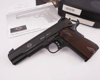 Make: GSG
Model: 1911
Caliber: .22 LR HV
Action: semi
Bore: Shiny
Serial # A732359
Condition: Excellent
The American Tactical GSG 1911 Semi-Auto Pistol brings you the classic American 1911 in an affordable-to-shoot .22 LR and adds a threaded barrel, making this 1911 a fun suppressor host. From the diamond-checkered grips, vertical cocking serrations, and short dust cover, this GSG 1911 primarily has the look of the GI (Government Issue) 1911 45. Upgrades from the GI German Sport Guns include an ambidextrous safety, dovetailed sights, a skeletonized hammer, skeletonized three-hole trigger, and an extended beavertail safety. The American Tactical GSG 1911 is a neat firearm whether looking to add a classic-styled firearm to the collection, or a .22 LR plinker of one of your favorite pistols. COmes with 2 Mags and a case. This pistol is in excellent condition showing little signs of use and wear. 