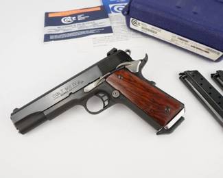 Make: Colt
Model: MK IV SERIES 80
Caliber: SUPER 38 AUTO
Action: Semi
Bore: Shiny
Serial # 2809941
Condition: Excellent
Colt’s Government Model 1911 Series 80 Pistol in .38 Super Auto. 5? bbl, Fixed front and rear Novaks ramp sight. Checkered Rosewood Grips, Checkered Front and Rear Straps. Tuned Action. Three Colt 8-Round Magazine,. The pistol is in like new condition and is sold with the factory case. 