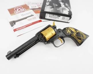 Make: HERITAGE MFG
Model: ROUGH RIDER
Caliber: .22 LR
Action: SA
Barrel: 4
Bore: Shiny
Serial # 3PH191663
Condition: Excellent
The Heritage MFG Rough Rider 22 is a versatile and reliable single-action revolver renowned for its classic design and exceptional craftsmanship. Chambered in .22 LR, this firearm features a 6-round capacity and a 4.75-inch barrel, delivering precision and accuracy. Its alloy frame and cocobolo grips contribute to a balanced and comfortable shooting experience. This one has a gold cylinder and beautiful engravings.