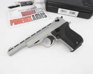Make: PHOENIX ARMS
Model: HP22A
Caliber: .22LR
Action: Semi
Barrel: 5
Bore: Shiny
Serial # 4598557
Condition: Excellent
Phoenix Arms Model HP22A is a single action semi-auto .22LR caliber pistol with a staggered 10-round magazine. This pistol is in excellent condition and shows minor signs of use and wer. The pistol is sold with the factory case and one magazine.
