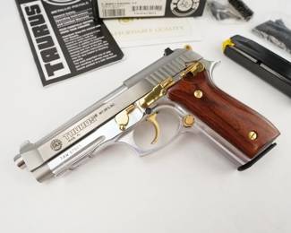 Make: Taurus
Model: PT 92 AFS
Caliber: 9MM PARA
Action: Semi
Barrel: 5
Bore: Shiny
Serial # TAW67801
Condition: Excellent
This Taurus PT92 is a semi-automatic handgun chambered in 9mm. It is built on a drop hammer-forged, ordnance-grade alloy frame and sports a stainless steel finish nicely complemented by black rubber grips with texturing for a secure grasp. The three-position, frame-mounted ambidextrous safety allows for the classic "cocked and locked" mode, while an integral rail forward of the trigger guard is ready for your favorite accessories. Reliable and built to last, the PT92 is a suitable choice for personal protection. The pistol is in excellent condition and is sold with 2 magazines and the factory case. 