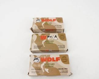 Make: Wolf
Model: 6.5 Grendel 100 Grain
Caliber: 6.5 Grendel
60 rounds, 3 boxes of 20.