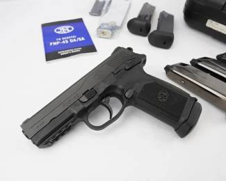 Make: FN
Model: FNP-45
Caliber: .45 ACP
Bore: Shiny
Serial # 61DMR10539
Condition: Excellent
The FN FNP pistol is a series of semi-automatic, polymer-framed pistols manufactured in Columbia, South Carolina, by FNH USA, a division of Fabrique Nationale de Herstal. The handgun debuted in early 2006, chambered for .45 ACP cartridges. Comes with 3 mags and a case. This pistol is in excellent condition showing little signs of wear. 