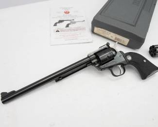 Make: Ruger
Model: New Model Single Six
Caliber: .22 Win Mag
Action: SA
Barrel: 9.5
Bore: Shiny
Serial # 265-83780
Condition: Excellent
Offered today is the Ruger New Model Single Six. This revolver includes an extra cylinder allowing shooters to quickly change from shooting .22 LR to .22 WMR, ramp front and adjustable rear sights., checkered grips, and the original box with paperwork.
