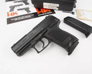 Make: HK
Model: USP COMPACT
Caliber: .40S&W
Action: Semi
Barrel: 3.5
Bore: Shiny
Serial # 26-105371
Condition: Excellent
The HK USP Compact is a small frame pistol capable of firing the most powerful cartridges in 9 mm, .40 S&W, .45 ACP. Based on the full-size USP models, these handy pistols combine compact size with optimum effective shooting performance. USP Compacts are smaller and lighter than large frame USPs. The reduction in trigger reach and grip circumference increases concealability and enhances shooting ergonomics. Unlike some subcompact semi automatic pistols that use a difficult to shoot “two-finger grip” frame, the USP Compact uses a narrow, full-hand grip frame with a choice of interchangeable extended or flush-fitting magazine floorplates. This makes the pistol easy to shoot without sacrificing concealability. This model is chambered in 40 S&W and comes with the factory case and two mags. The pistol is in excellent condition showing minimal signs of use and wear. 