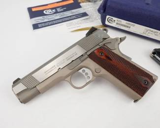 Make: Colt
Model: LIGHTWEIGHT COMMANDER
Caliber: 45 Auto
Action: Semi
Barrel: 5
Bore: Shiny
Serial # FL12211E
Condition: Excellent
The Colt Lightweight Commander affords enthusiasts the ability to concealed-carry a real 1911 platform pistol comfortably. With a shorter profile and lower weight than a traditional full size Government Model, the Lightweight Commander offers the Dual Spring Recoil System and custom Colt G10 grips, among other enhancements. Chambered in 45 ACP and outfitted in FDE and stainless, this pistol is in like new condition and comes with the factory case and 2 magazines. 