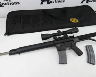 Make: Smith & Wesson
Model: PC15-1
Caliber: 5.56
Action: Semi
Barrel: 18
Bore: Shiny
Serial # PC11158
Condition: Excellent
Smith & Wesson PC15-1 .223 Rem caliber rifle. Smith & Wesson's newest accurized AR-15 rifle with 20” stainless steel barrel, free floating tubular forearm and two stage Match grade trigger. The rifle is in excellent condition and is sold with the factory range bag and one magazine. 