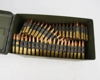 Make: Misc Ammo
Model: 50 BMG Clipped Ammo
Caliber: 50 BMG
Ammo Can containing approx 400 rounds. On Clip.