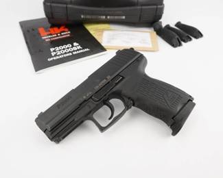 Make: HK
Model: P2000
Caliber: .40S&W
Action: Semi
Bore: Shiny
Serial # 123-057856
Condition: Excellent
The first of the many recent additions to the Heckler & Koch handgun line, the P2000 incorporates features of the successful HK USP Compact pistol with the latest innovations of HK engineers. A refinement of a design created for several European police agencies, the P2000 is available with a traditional double-action/single-action trigger mode and the LEM/CDA (Law Enforcement Modification, also known as Combat Defense Action) trigger system first introduced in 2001 on the USP Compact “LEM” model. The pistol comes with 1 magazine, case, and extra backstraps. The pistol is in excellent condition, showing minimal signs of use and wear.
