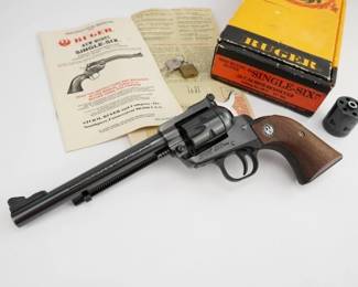 Make: Ruger
Model: New Model Single Six
Caliber: 0.22
Action: SA
Barrel: 6.5
Bore: Shiny
Serial # 260-79421
Condition: Excellent
Introducing the Single 6 22, a cutting-edge model that seamlessly merges precision engineering with advanced materials to redefine the performance standards of .22 caliber firearms. This single-action masterpiece boasts a sleek design, enhanced ergonomics, and a state-of-the-art firing mechanism, ensuring unparalleled accuracy and reliability. Comes with an extra cylinder. 