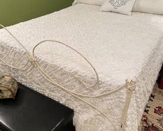 Full size wrought iron bed with vintage chenille