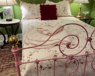 Painted full size wrought iron bed with brass finials