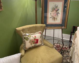 One of a pair celery green ultra suede chairs